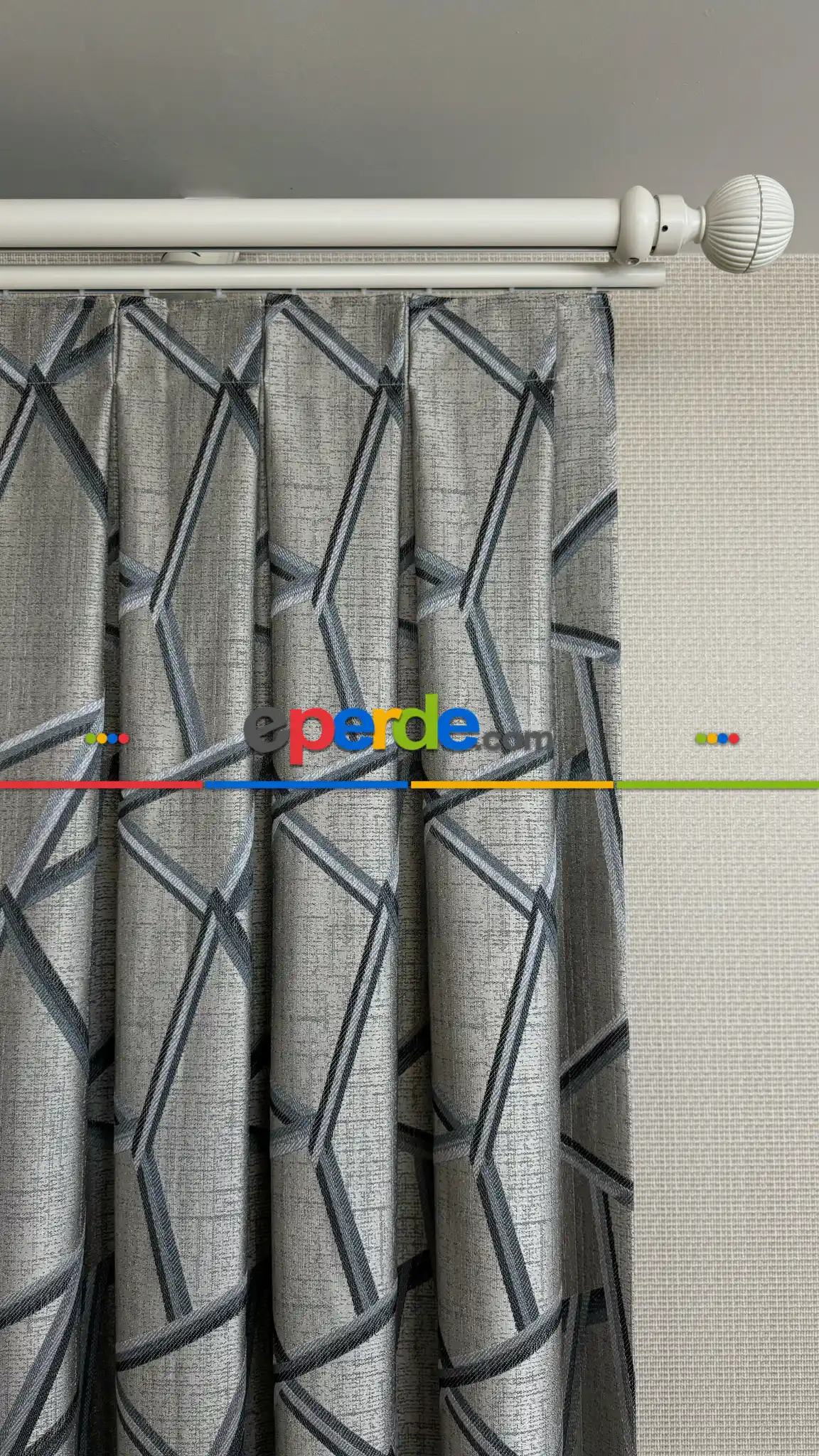 Gri Petrol Mavi Geometrik Desen Jakar Dokuma Fon Perde - Premium Seri Ağır Gramajlı