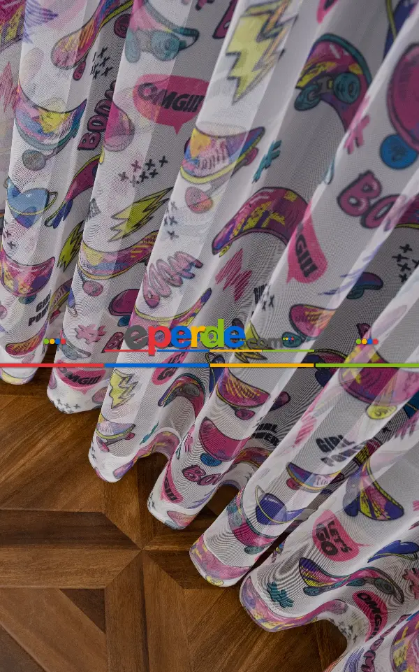 Petek Zemin Pembe Ve Sarı Renkli Kaykay Desenli Grek Baskılı Tül Perde Girl Power 190cm X 255cm 