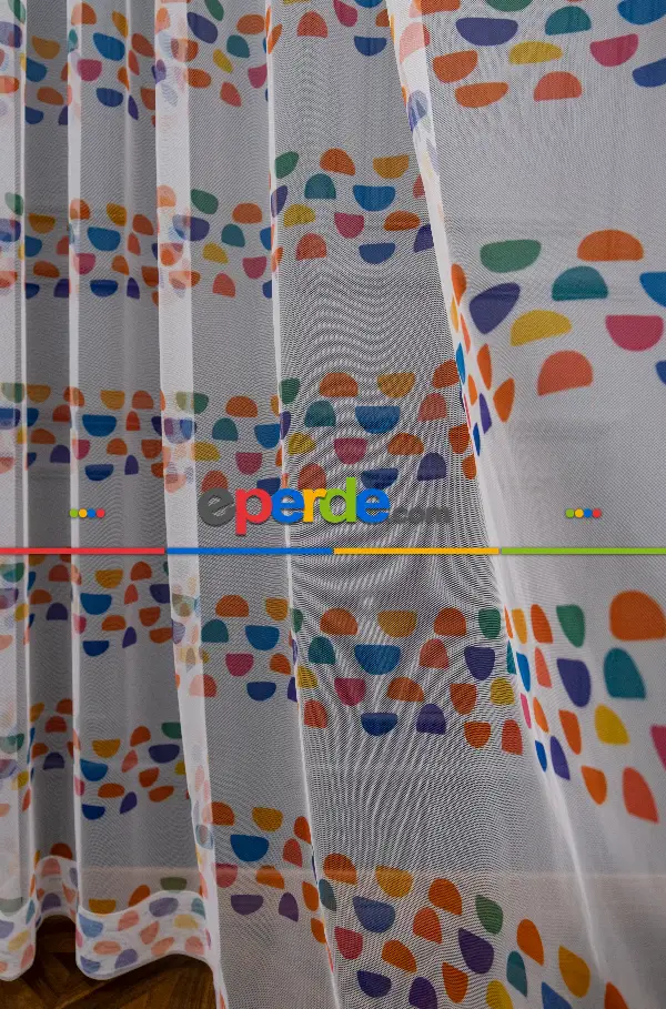 Petek Zemin Turuncu Ve Lacivert Renkli Geometrik Desenli Grek Baskılı Tül Perde