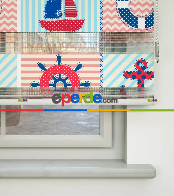 Bebek Odası Zebra Perde - Gemi Ve Çapa Desen Baskılı Zebra Perde- Lacivert-Mavi-Kırmızı