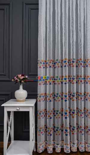 Hazır Ölçülü Petek Zemin Turuncu Ve Lacivert Renkli Geometrik Desenli Grek Baskılı Tül Perde