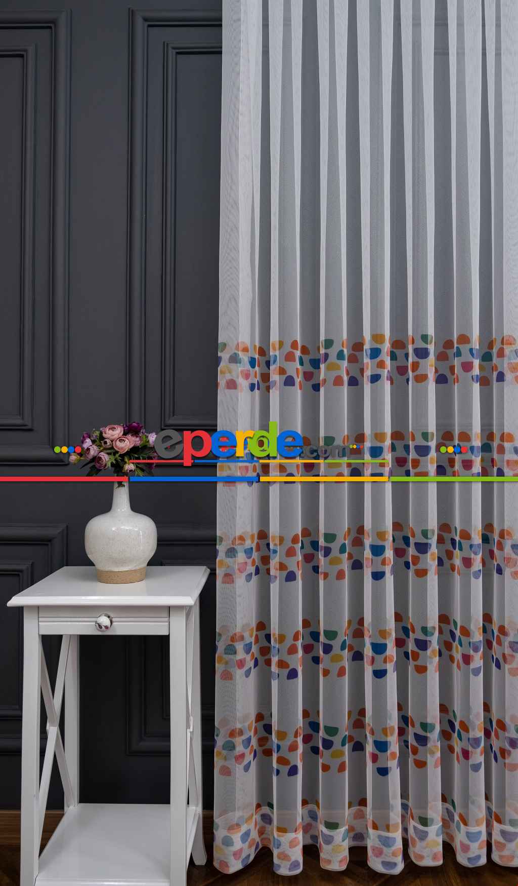 Hazır Ölçülü Petek Zemin Turuncu Ve Lacivert Renkli Geometrik Desenli Grek Baskılı Tül Perde