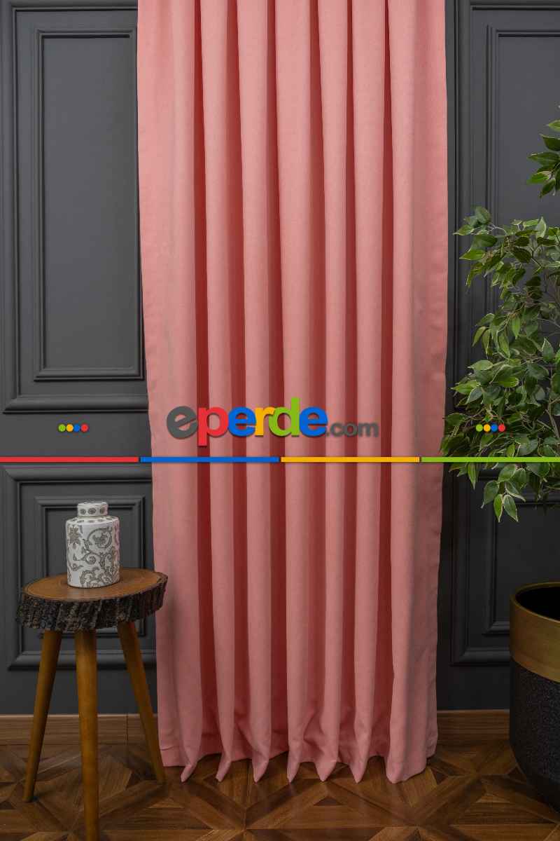 Salon - Pembe Düz Fon Perde Dökümlü En 