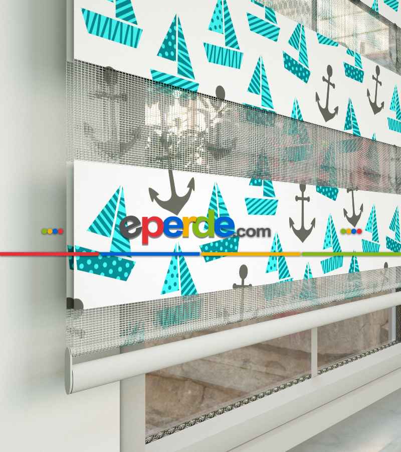 Bebek Odası Zebra Perde - Çapa Ve Gemi Desen Baskılı Zebra Perde- Yeşil