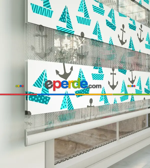 Bebek Odası Zebra Perde - Çapa Ve Gemi Desen Baskılı Zebra Perde- Yeşil