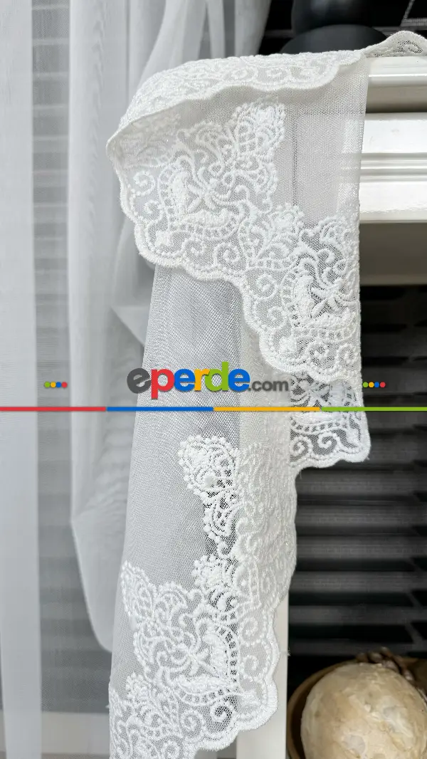 Ekru Etek Ucu Özel İplik Hafif Simli Brode İşlemeli Tül Perde - Ağır Gramajlı Premium Nakışlı