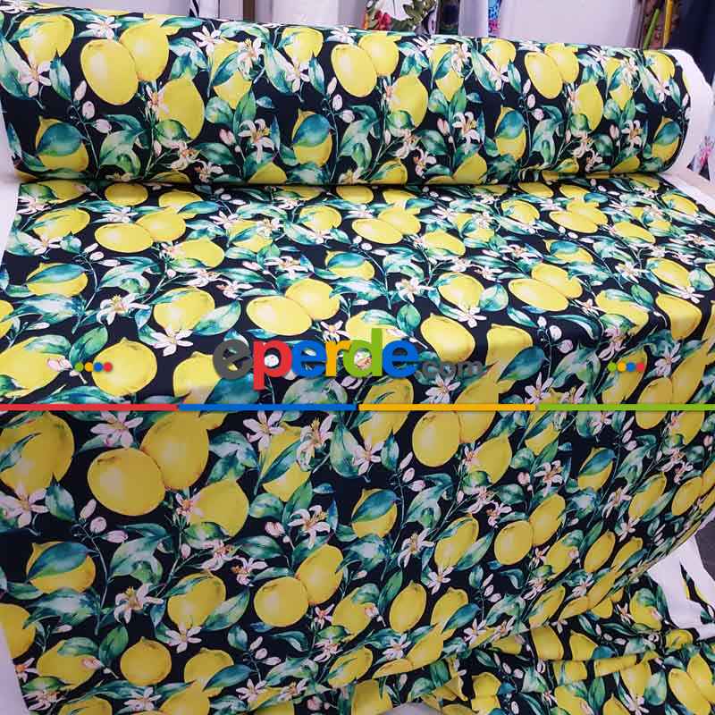 Limon Desenli Fon Perde - Kumaşı Kalındır Duck Bezi Değildir- Siyah-Sarı