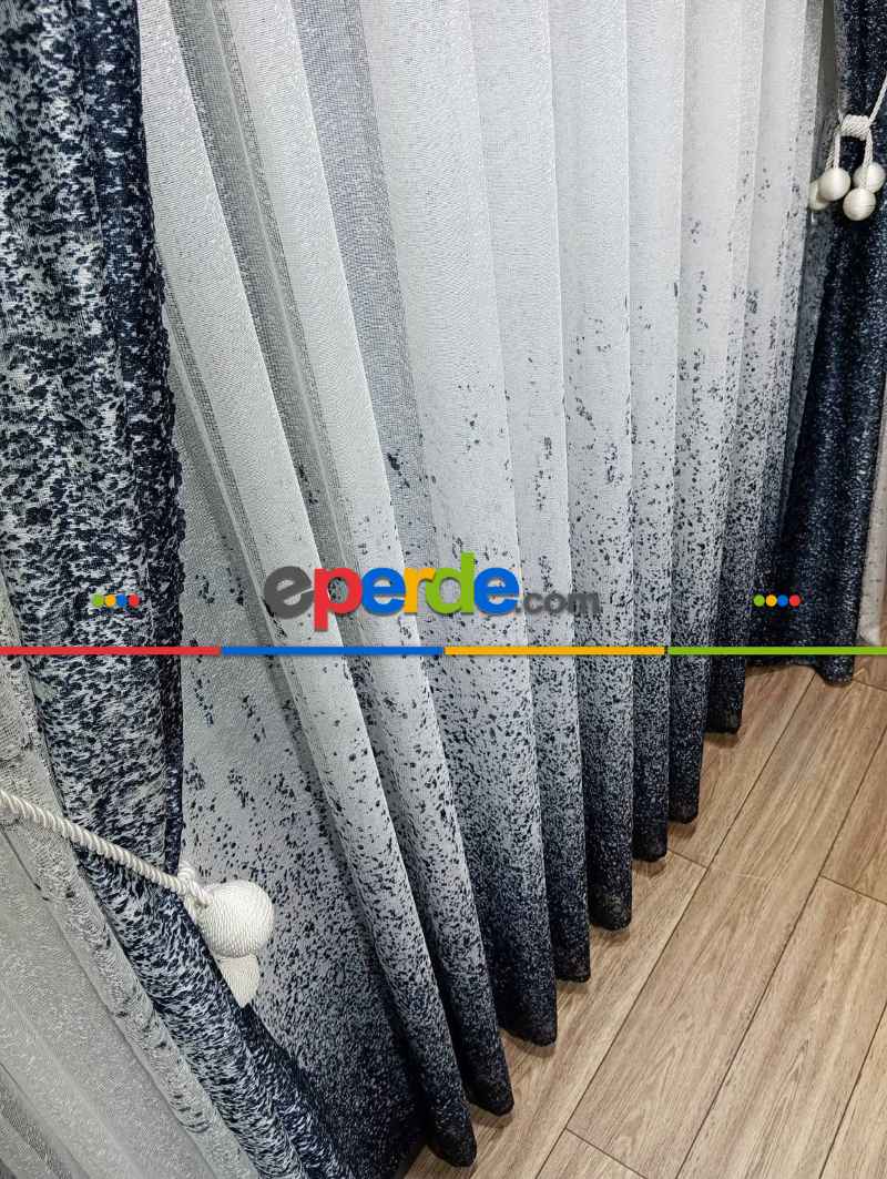 Mutfak - Lacivert Püskürtme Tül Fon Perde