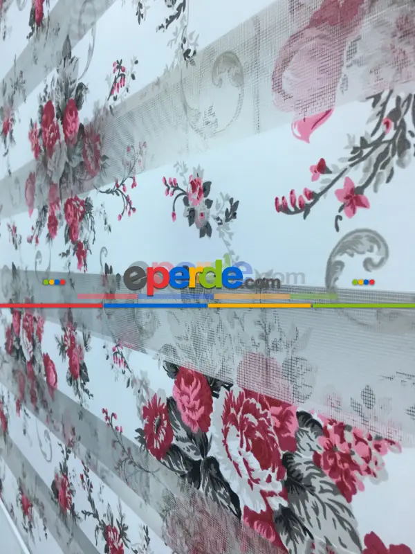 %40 Indirimli !!! Çiçek Desen Pembe-gri Zebra Perde- Siyah-füme-fuşya