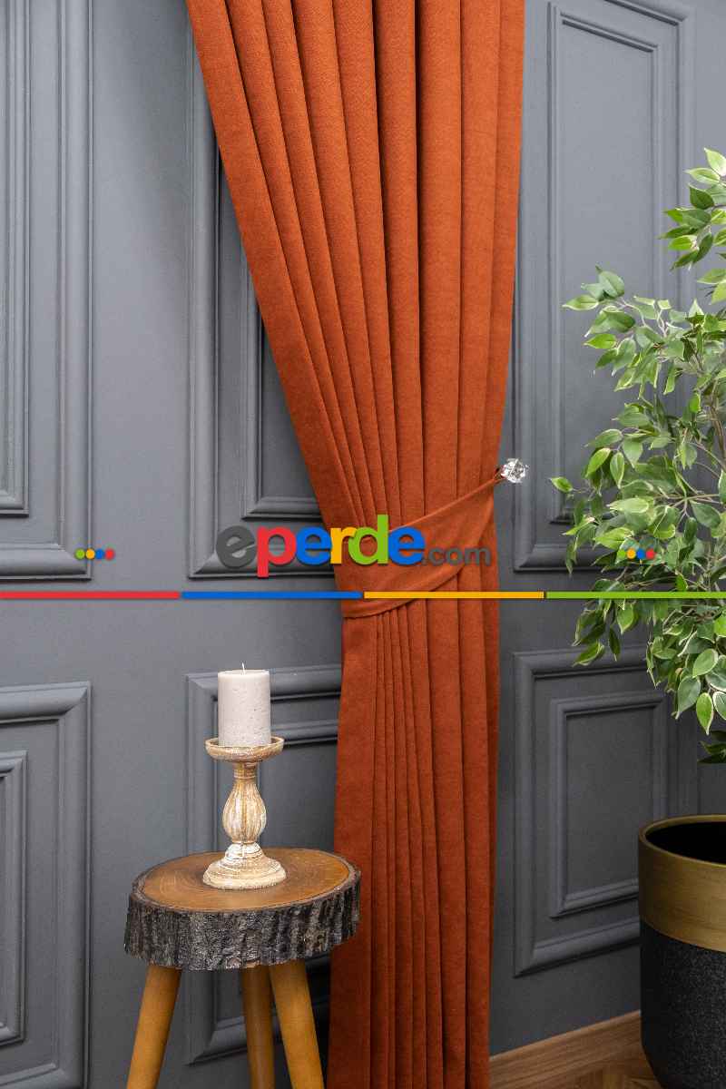 Kiremit Rengi Düz Fon Perde En Dökümlü Fon Perde