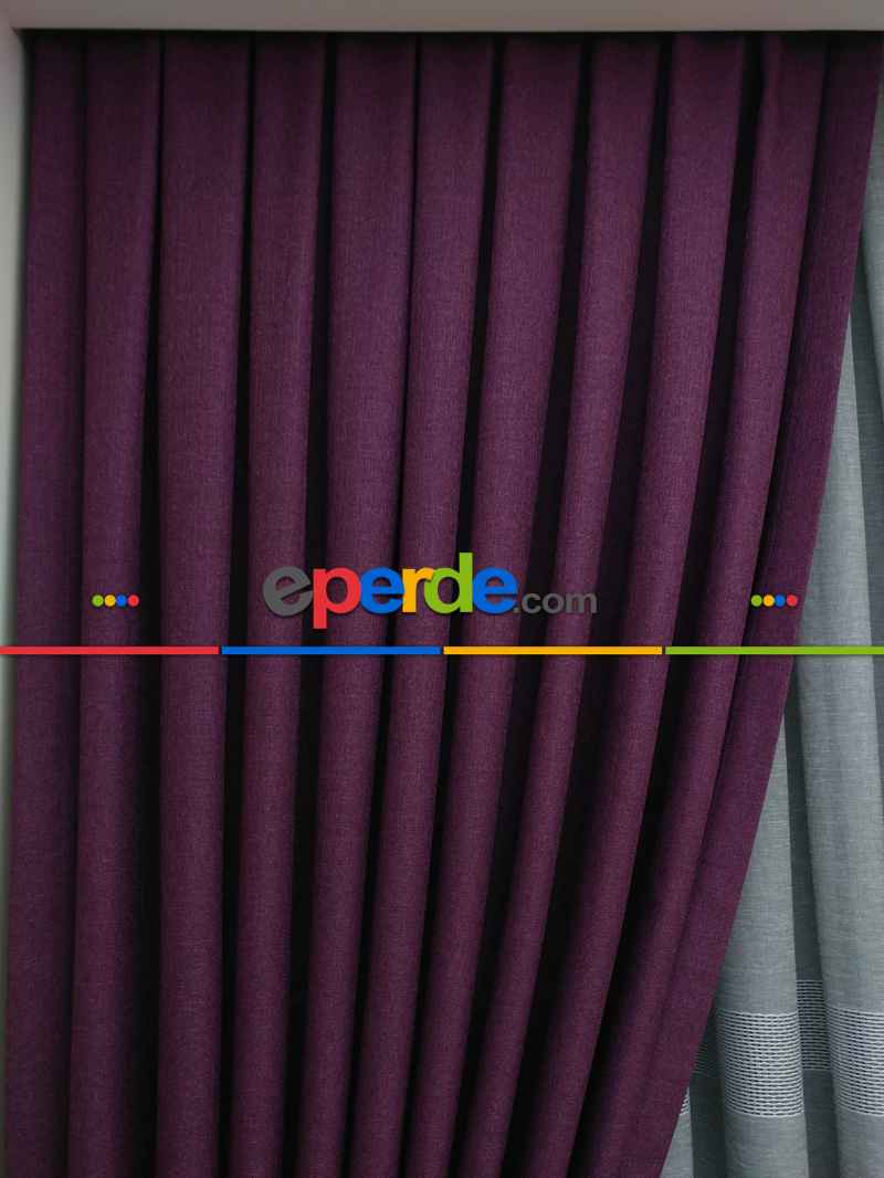 Keten Mor Düz Fon Perde- Mor