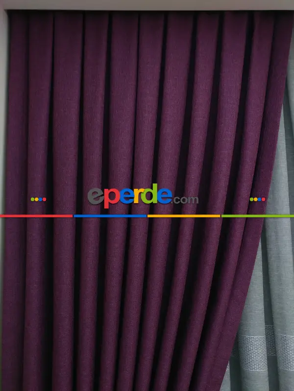 Yatak Odası - Keten Mor Düz Fon Perde- Mor