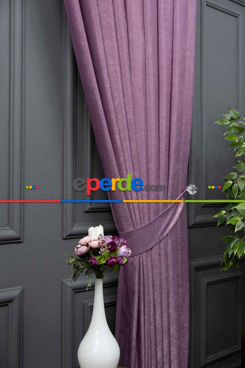 Salon - Soft Fon Perde Koyu Lila Dökümlü En - Lila Koyu Lila