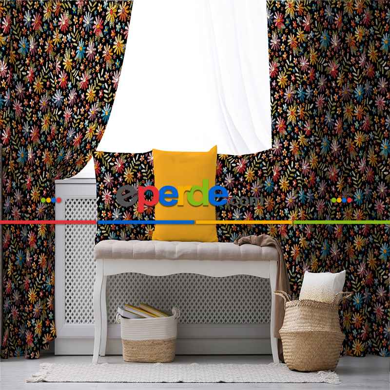 Rengarenk Çiçekli Desenli Fon Perde Evim317 Kumaşı Kalındır Duck Bezi Değildir- Mavi-beyaz