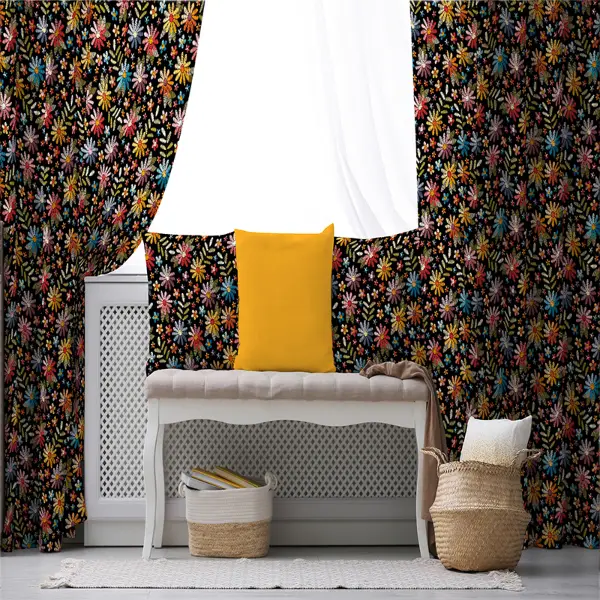 Rengarenk Çiçekli Desenli Fon Perde Evim317 Kumaşı Kalındır Duck Bezi Değildir- Mavi-beyaz