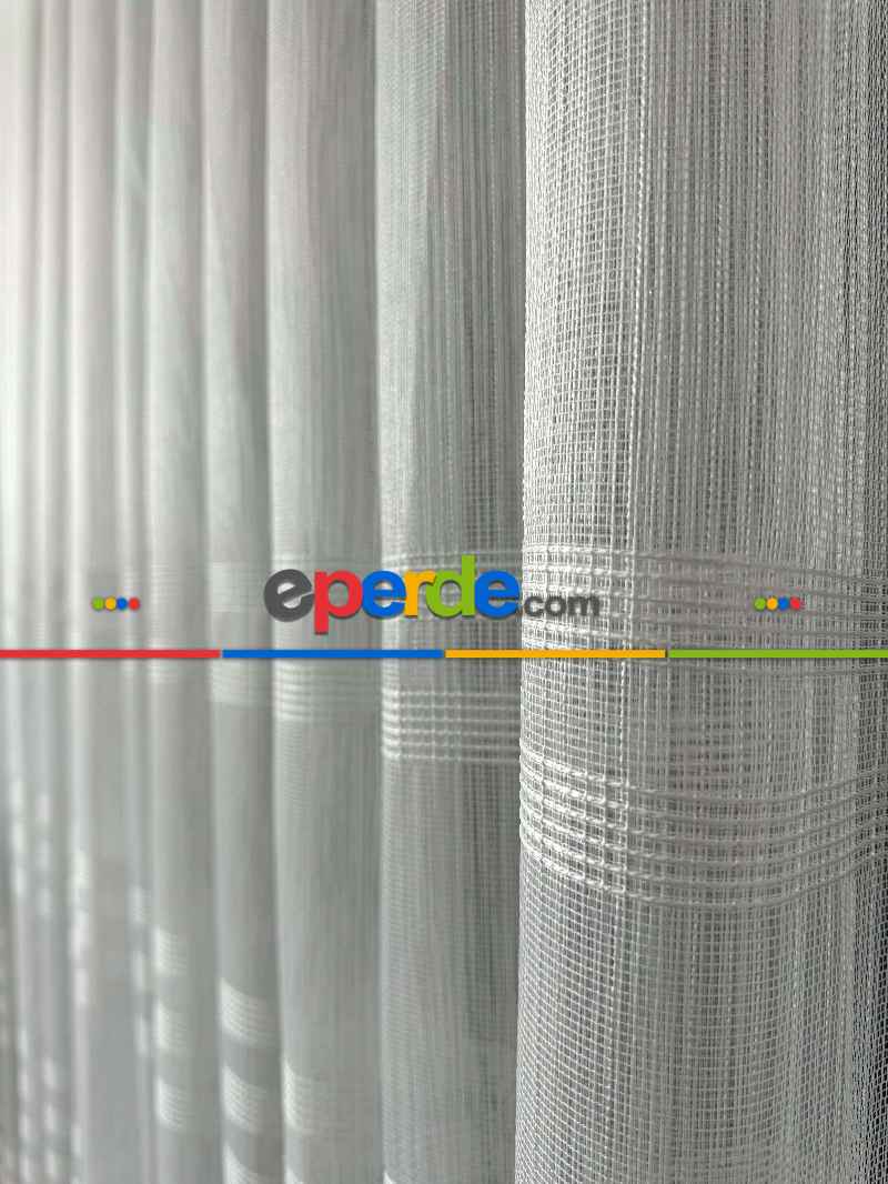 Zincir Çizgili Tül Perde Ekru Renk Kırık Beyaz- Ekru - Kurşunlu Tül