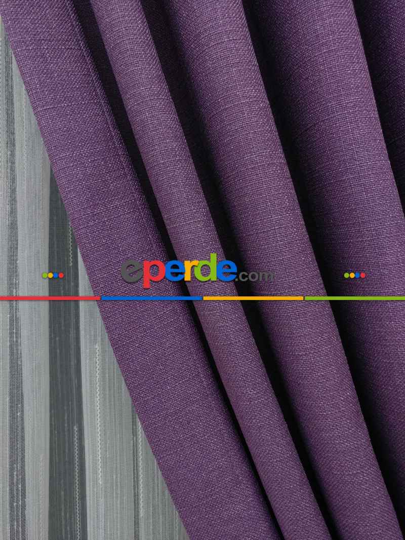 Keten Mor Renk Düz Fon Perde- Lila Koyu Lila