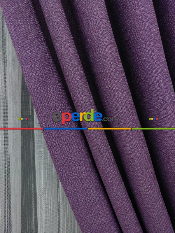 Salon Fon Perde - Keten Mor Renk Düz Fon Perde- Mor