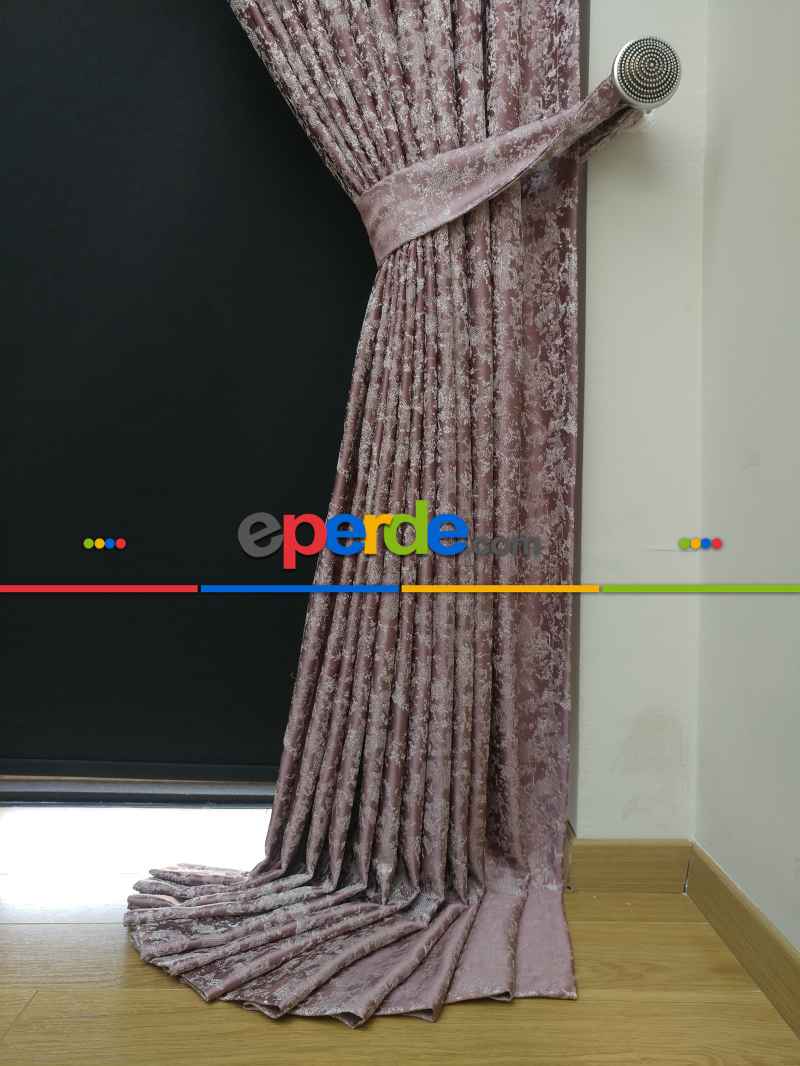 Pudra Krem Desenli Jakar Fon Perde (180cm En)- Pudra