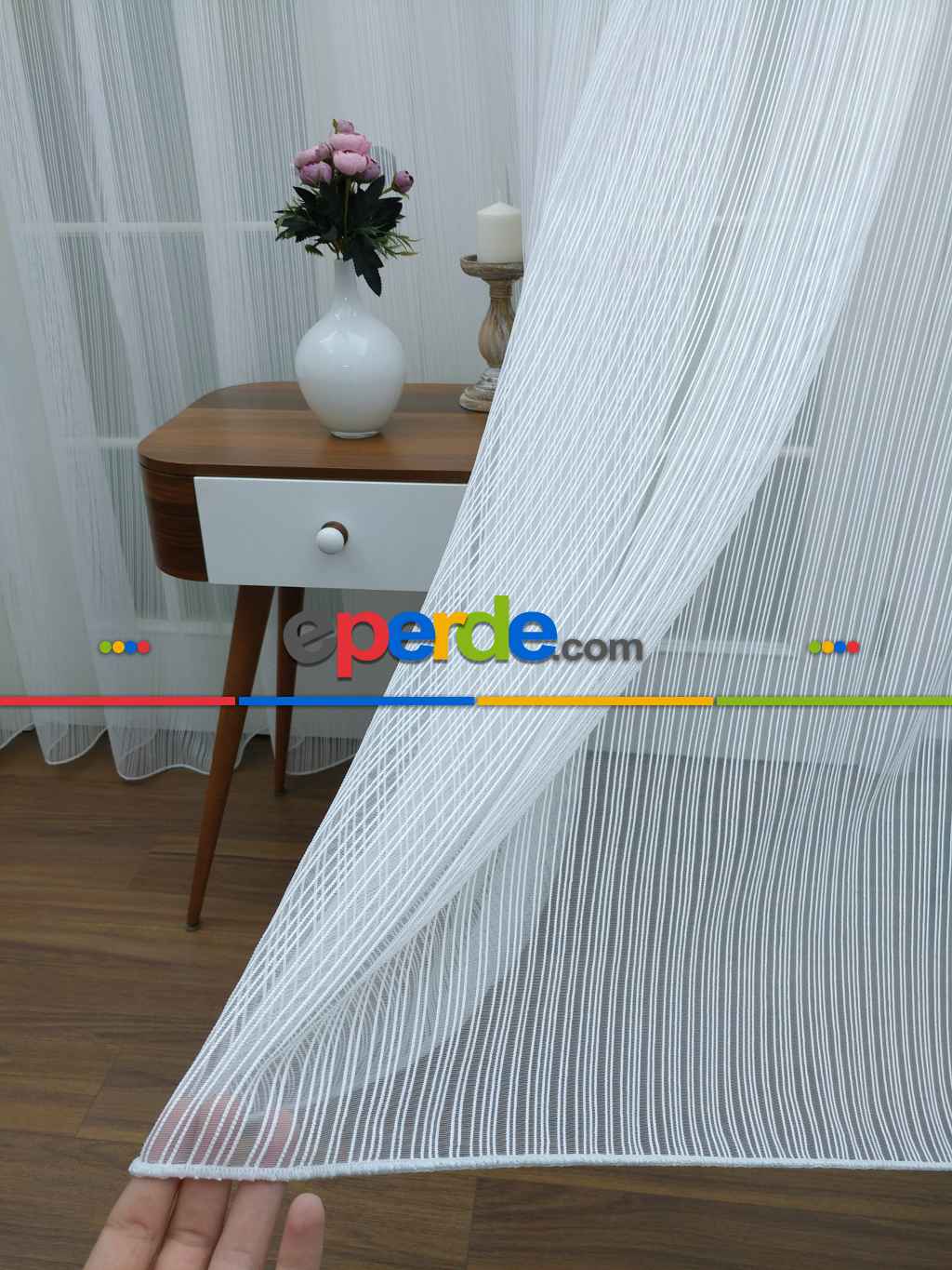 Düz Boyuna Çizgili Tül Perde- Ekru - Kurşunlu Tül