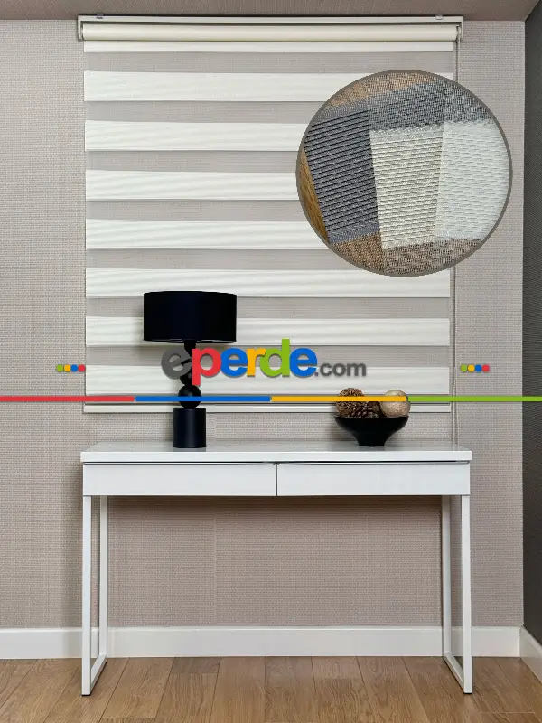 Salon Krem Dar Sık Pliseli Zebra Perde, Standart Metal Kasalı Yüksek Kalite Kornişe Kolay Montaj Seçenekli