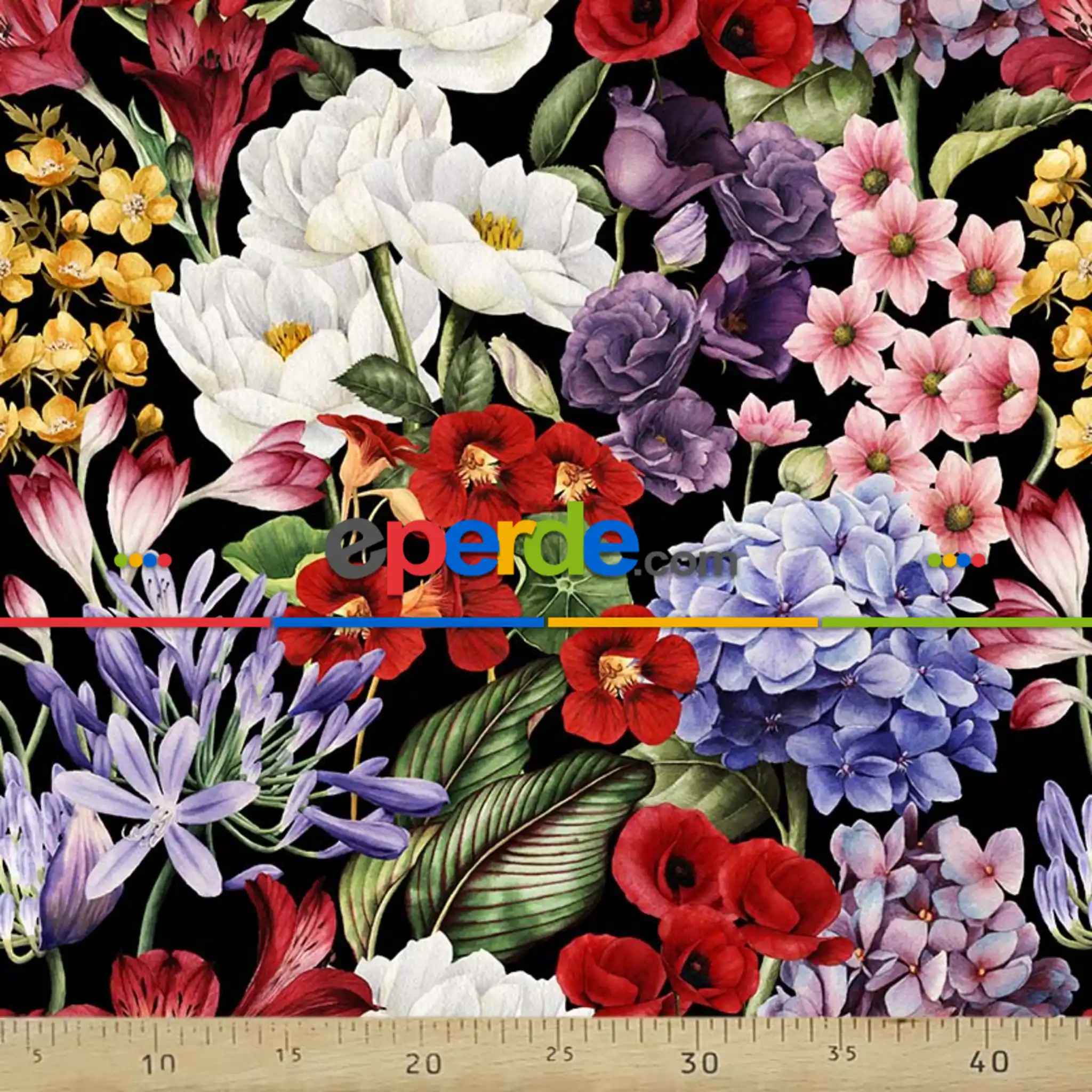 Çiçek Desenli Fon Perde Evm671 Kumaşı Kalındır Duck Bezi Değildir- Mavi-Kırmızı-Beyaz