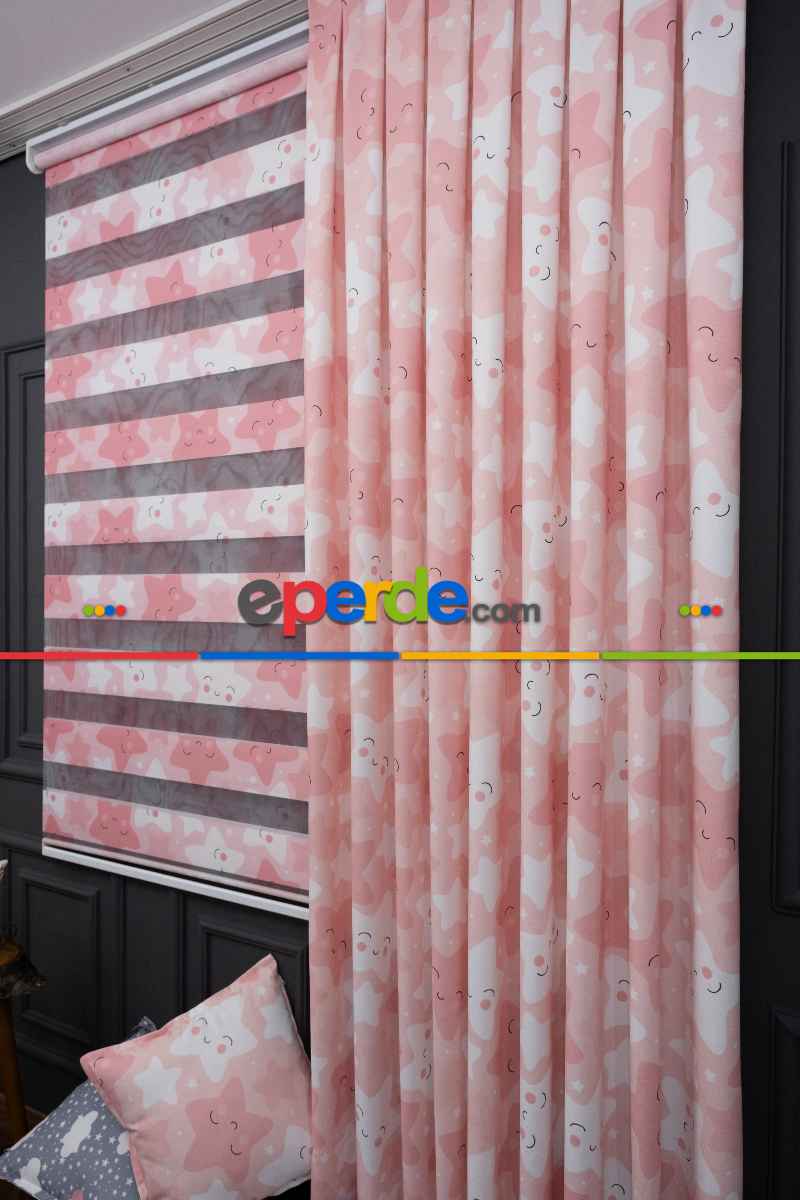 Trend Bebek - Çocuk - Genç Odası Fon Perde Modelleri 2025 (sınırsız En Ölçüsü )- Pembe Açık-pembe Koyu-ekru
