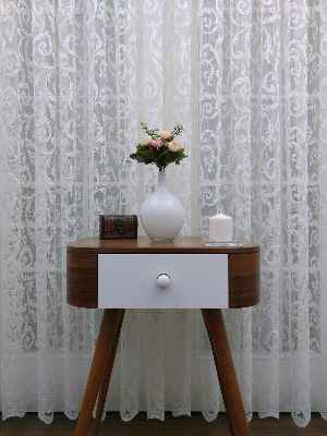 Ekru Şal Desenli Tül Perde- Ekru