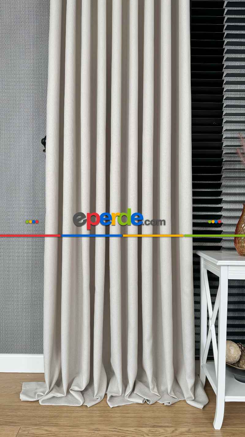 Bej Düz Jakar Dokuma S Pile Fon Perde, Premium Kalite Serisi Hasır Doku Fon Perde