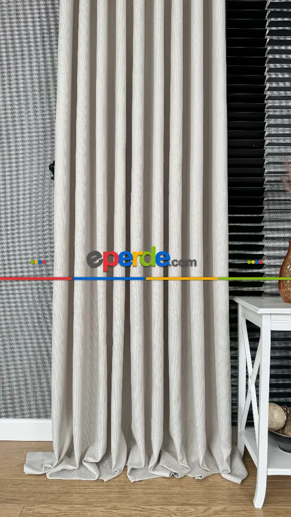 Bej Düz Jakar Dokuma S Pile Fon Perde, Premium Kalite Serisi Hasır Doku Fon Perde