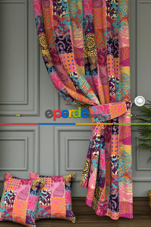 Dökümlü Kumaştan Genç Odası - Etnik Desenli Baskılı Fon Perde- Turkuaz-pembe-mor-hardal Sarısı