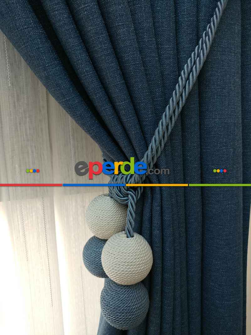Salon Fon Perde - Keten Mavi Renk Düz Fon Perde - Mavi