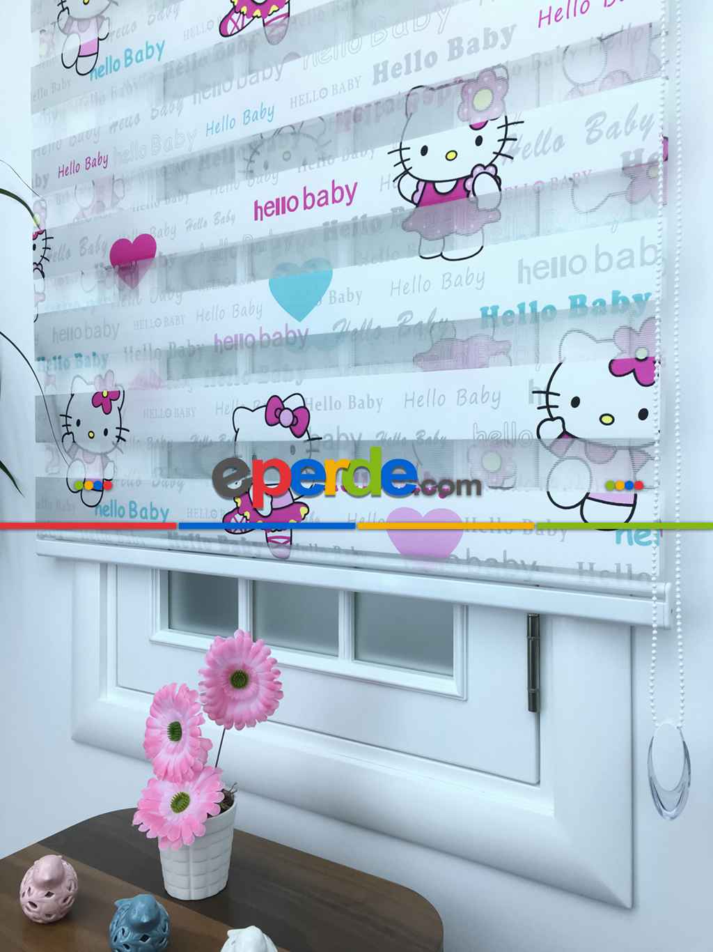 Hello Kıty Kız Çocuk Baskılı Zebra Perde- Turkuaz-pembe