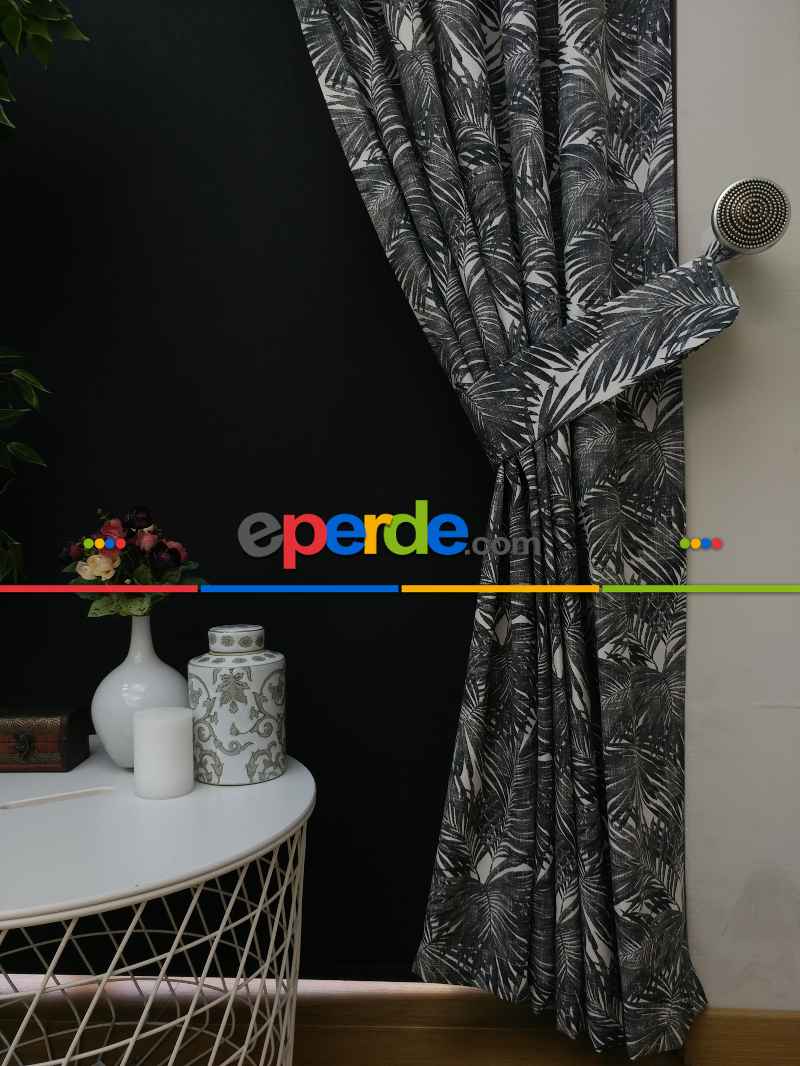 Tropikal Yaprak Desenli Fon Perde(leke Tutmaz)- Siyah-beyaz
