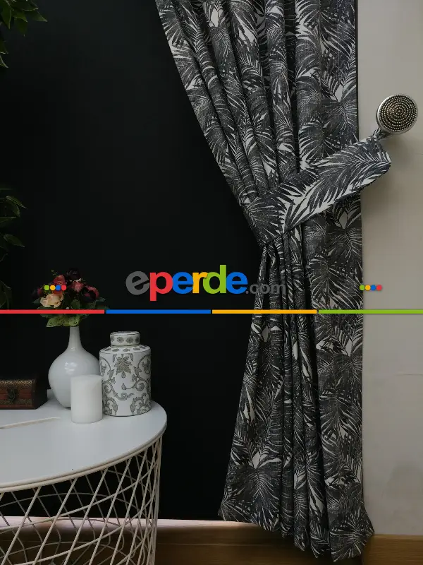Tropikal Yaprak Desenli Fon Perde(leke Tutmaz)- Siyah-Beyaz