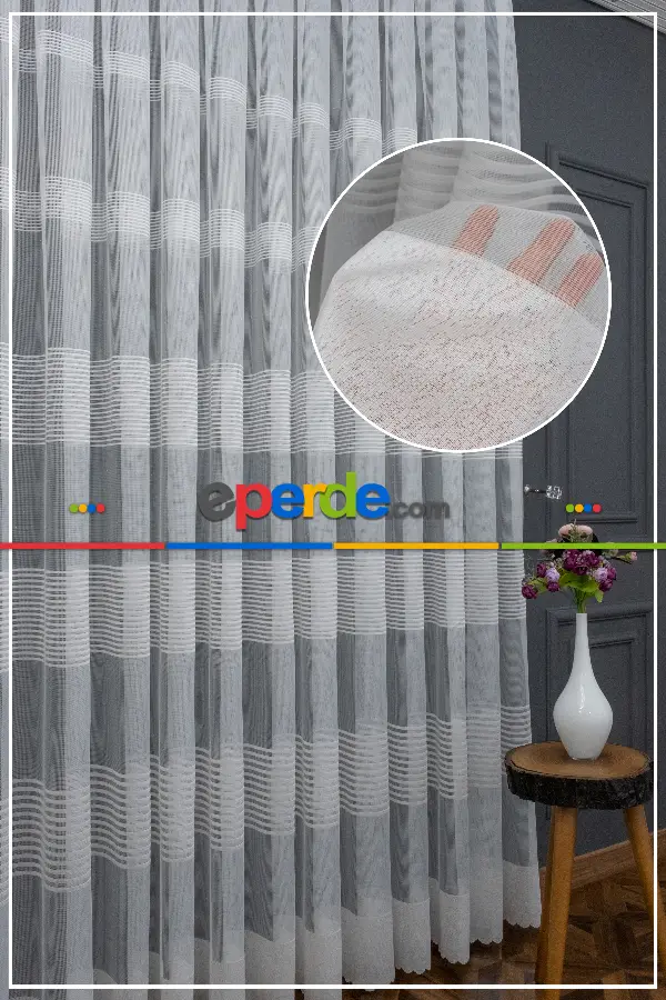 2022 Model Ekru Çizgi Desenli Örme 1.sınıf Kalite Tül Perde