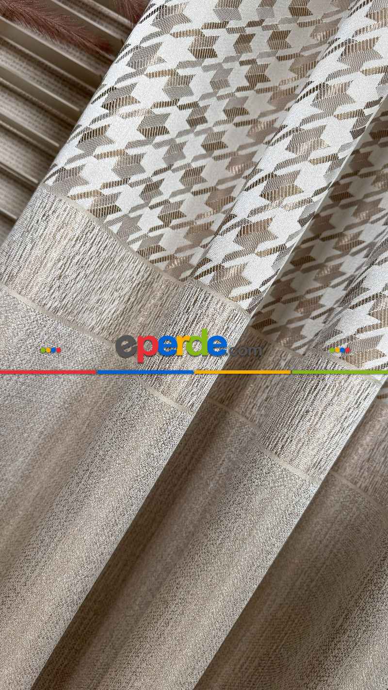 Krem Altın Fon Perde, Pano Model, Orta Pano Kazayağı Desenli, Jakar Dokuma.