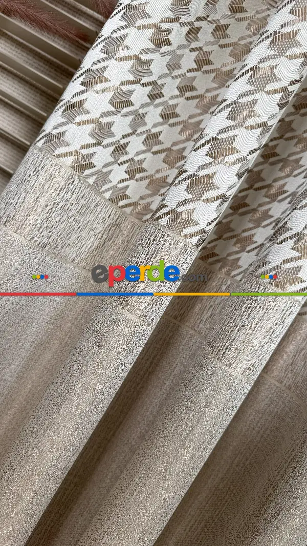 Krem Altın Fon Perde, Pano Model, Orta Pano Kazayağı Desenli, Jakar Dokuma.