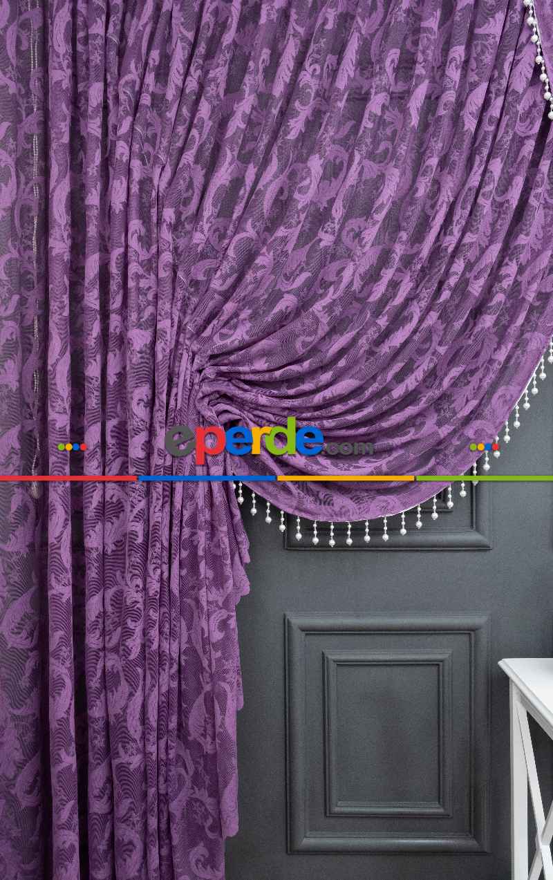 Mor Sarmaşık Desen Tül Kruvaze Şal Tül Perde Yanki Tül - Düz Model Sipariş Seçeneği - Yatak Odası Tül