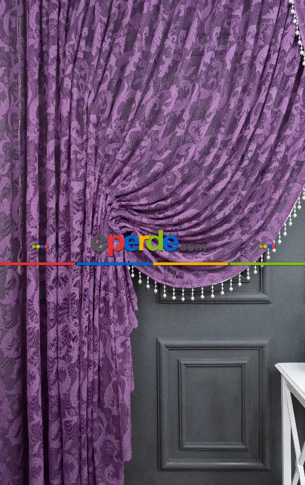 Mor Sarmaşık Desen Tül Kruvaze Şal Tül Perde Yanki Tül