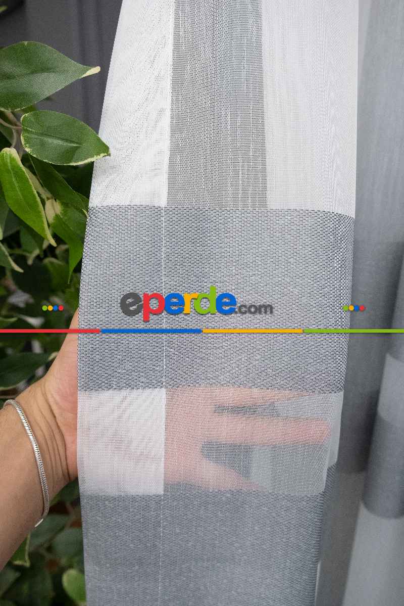 Mutfak Tül - Modern Bantlı Gri Tül - Yüksek Kalite Tül - Enine Çizgili