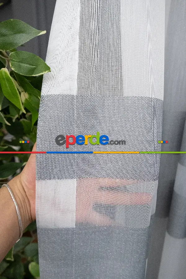 Salon Tül Perde - Modern Bantlı Gri Tül - Yüksek Kalite Tül - Enine Çizgili
