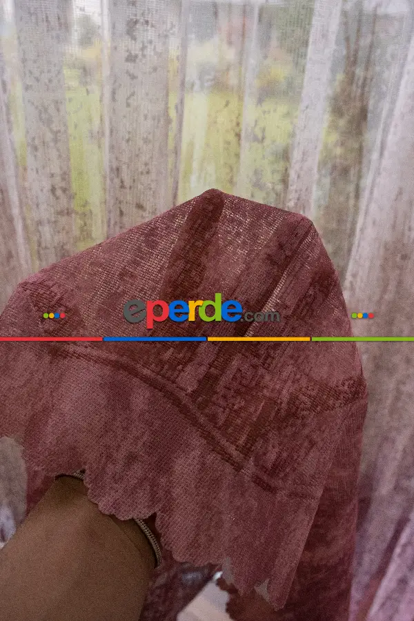 Modern Pembe Ve Kahverengi Desenli Degrade Geçişli Örme Tül Perde Yüksek Kalite