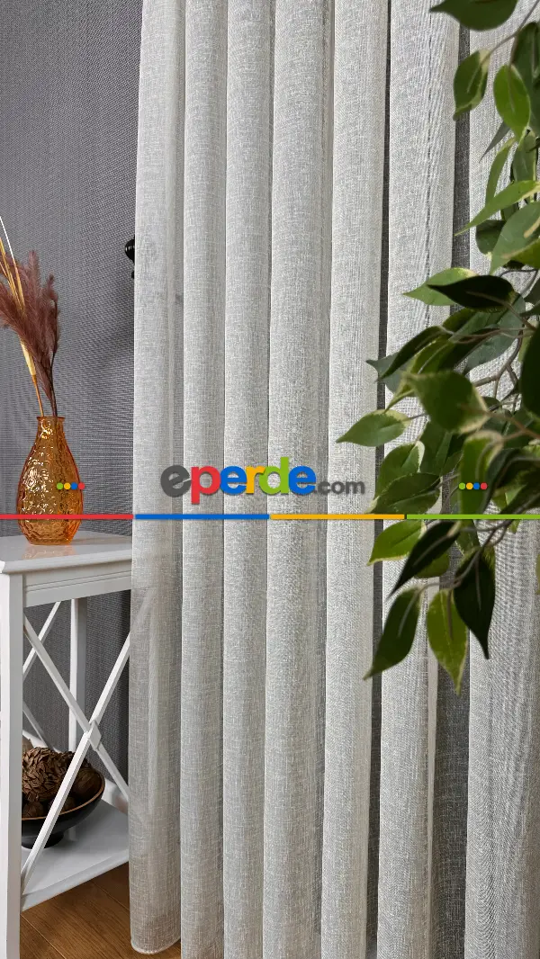 Salon Bej Naturel Keten Düz Tül Perde - Premium Kalitedir, Eteği Kurşunludur.
