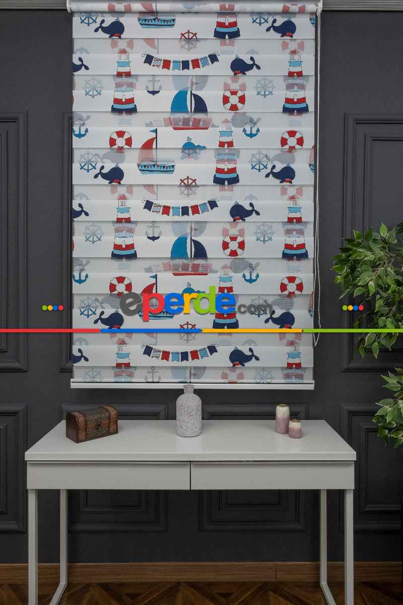Erkek Çocuk Odası zebra Perde - Çapa Gemici Denizci Desenli Baskılı Zebra Perde - Mavi Lacivert