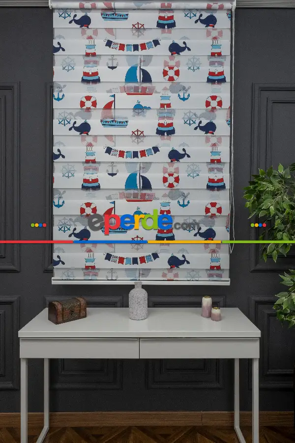Erkek Çocuk Odası zebra Perde - Çapa Gemici Denizci Desenli Baskılı Zebra Perde - Mavi Lacivert