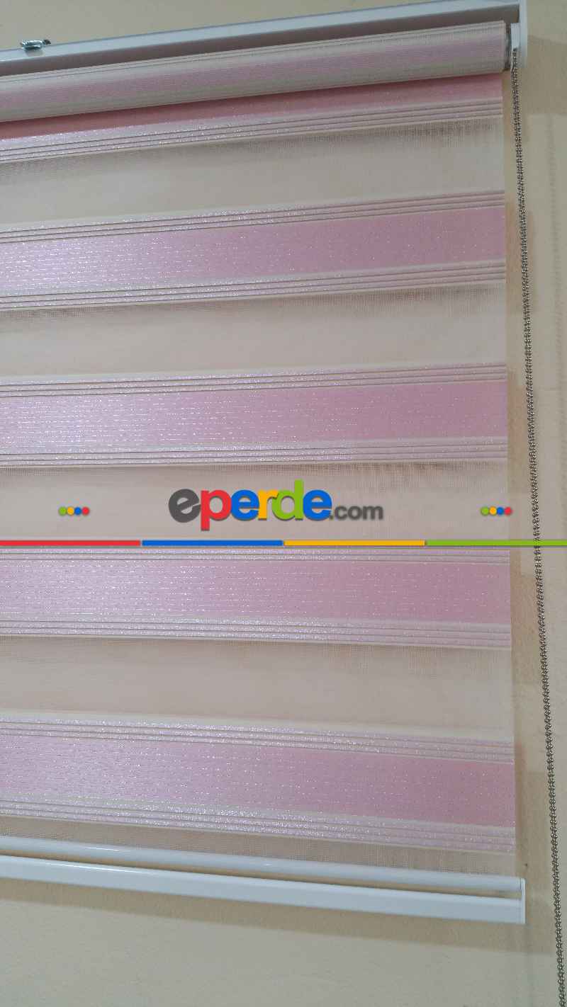 Mutfak - Pembe Plise Simli Zebra Perde- Pembe-gri Simli-ekru