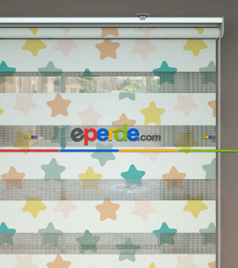 Yıldız Desenli Baskılı Zebra Perde- Çok Renkli