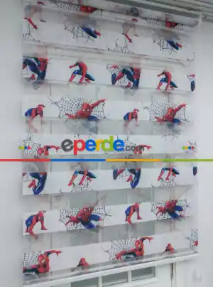 Çocuk Odası - Örümcek Adam Baskılı Zebra Perde- Mavi