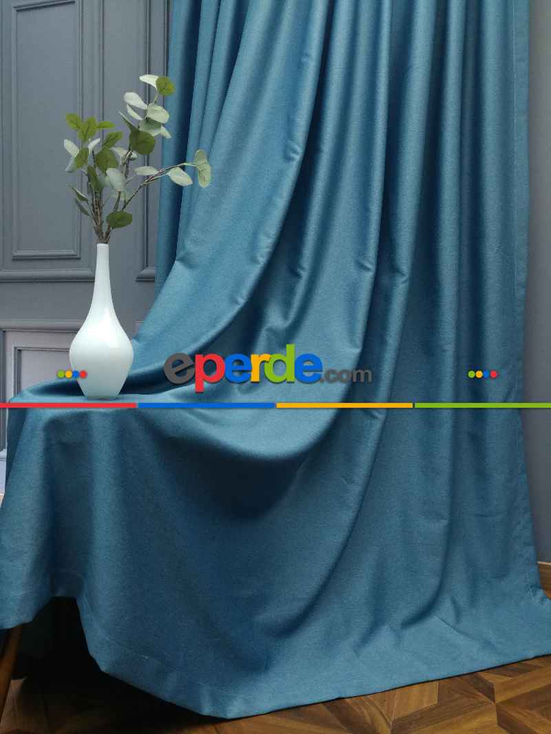 Saon Perdesi - Modern Keten Görünümlü Işık Geçirmez Karatma Fon Perde 2021 Ikon- Mavi Koyu